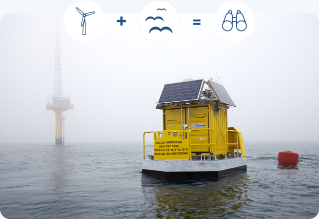 Buoy in the sea with a wind turbine icon, a birds icon and a binoculars icon above the photo